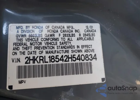 2002 Honda Odyssey Lx z USA, uszkodzony, nr VIN 2HKRL18542H540834